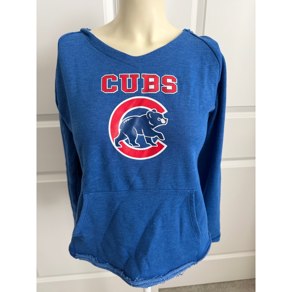 Chicago Cubs Womens Blue V-Neck Hoodie Raw Hem Sweatshirt XS